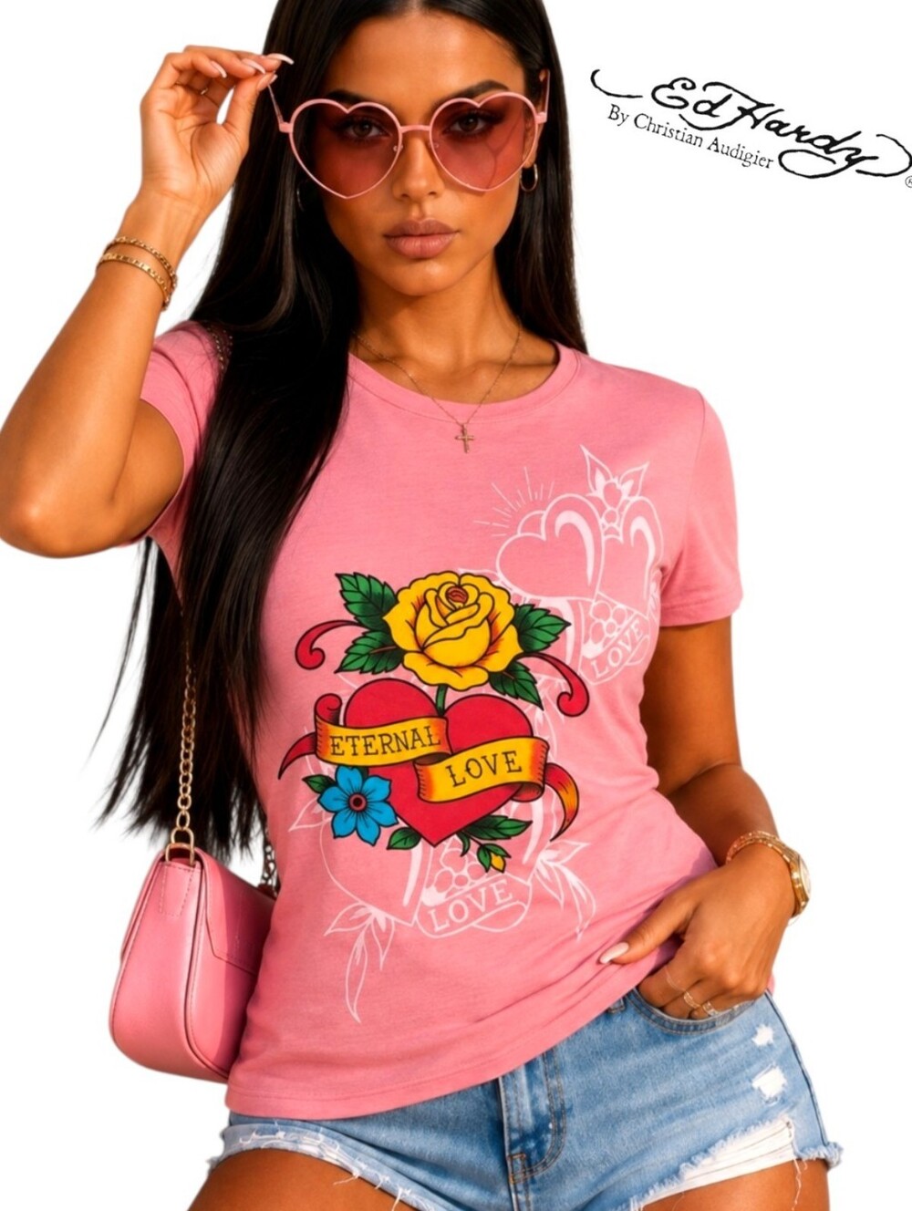 Ed Hardy Eternal Love Graphic Tee WOMENS Medium NWT Pink Y2K Shirt